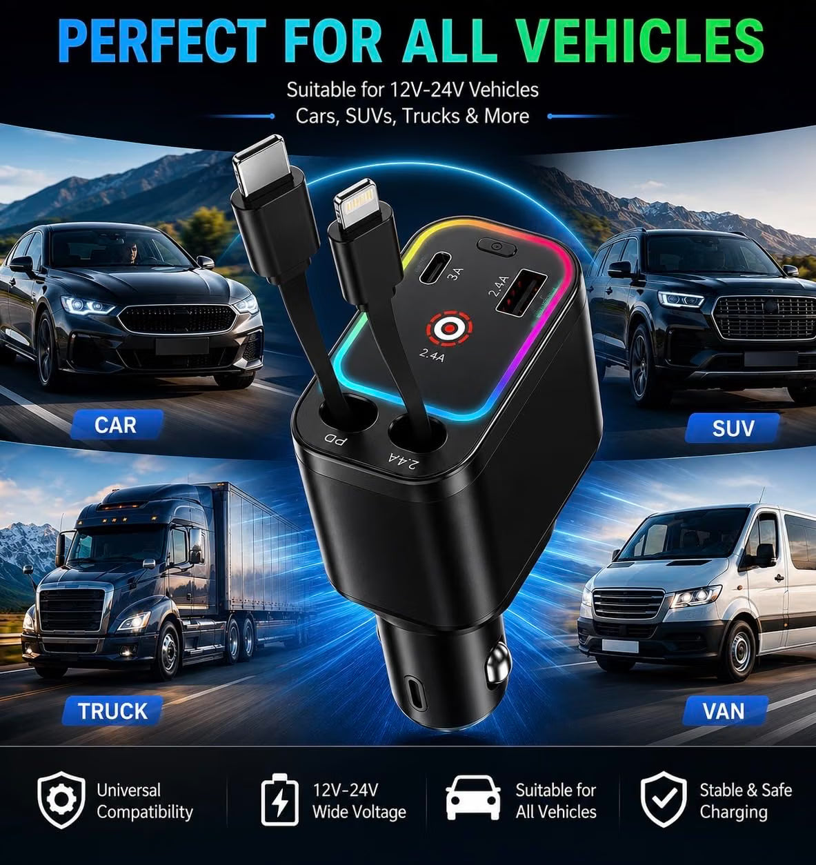 LumiDrive 4X Retractable Car Charger