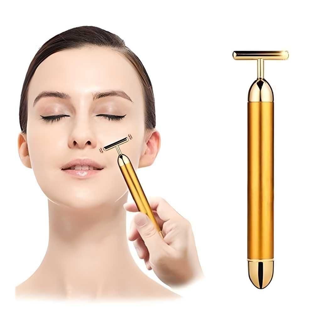 Blyvik Woman using a gold facial roller on her face with a close-up of the device on a white background.