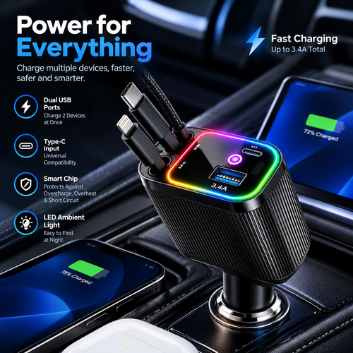 LumiDrive 4X Retractable Car Charger
