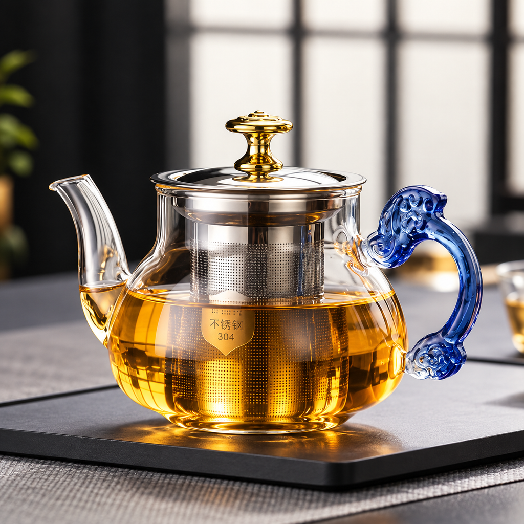 Gongfu Glass Teapot with Infuser – Hand-Blown Blue Dragon Handle
