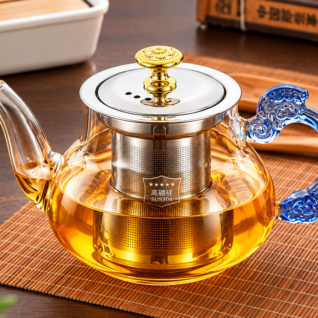 Gongfu Glass Teapot with Infuser – Hand-Blown Blue Dragon Handle