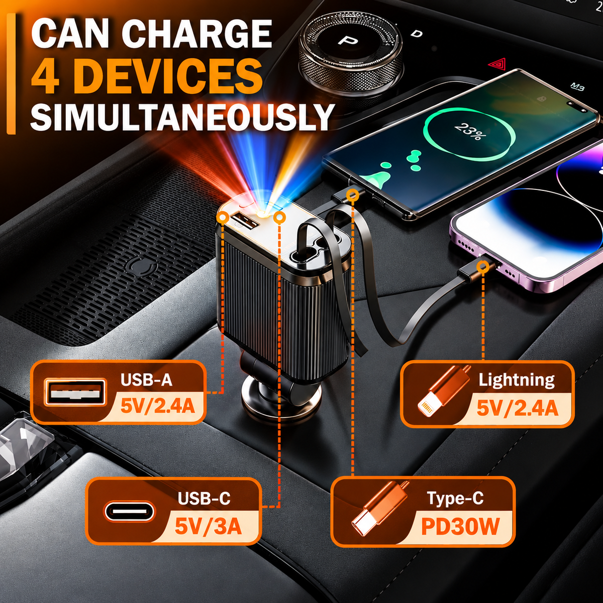 LumiDrive 4X Retractable Car Charger